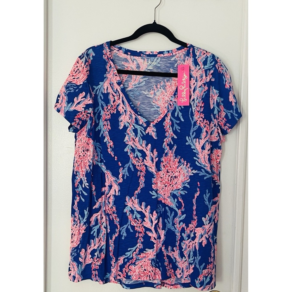 NWT Lilly Pulitzer Etta V-Neck Shirt XL Boreal Blue Swim On Over